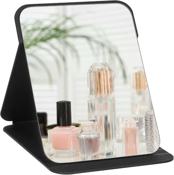 Makeupspejl, bærbart foldespejl, desktop ultra-high definition multi-vinkel foldbart PU, foldbart, 26 x 18 cm, sort black