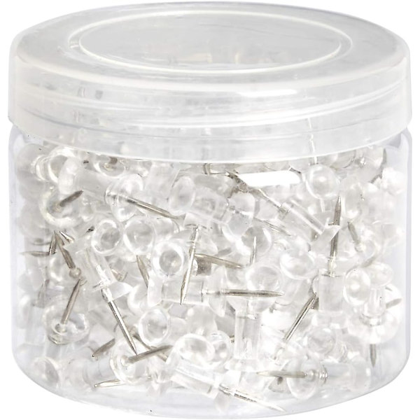 Häftstift, transparent plasthuvud, stålspets, 200-pack