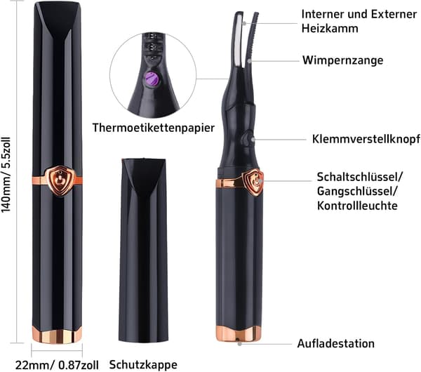 Elektrisk opvarmet øjenvippebukker, USB-interface, med øjenvippebørste, 3 temperaturtilstande, 15 sekunders hurtig opvarmning, sort