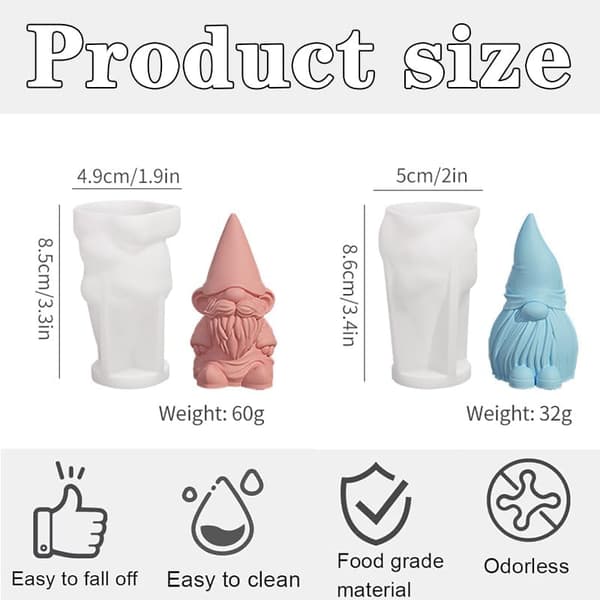 2 stykker 3D silikone nisseform, 3D julesilikoneforme, silikone julelysforme, lysfremstilling, juledekoration DIY