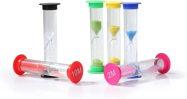 Timeglas med 30 sekunder, 1 minut, 2 minutter, 3 minutter, 5 minutter og 10 minutter, 6 sandure