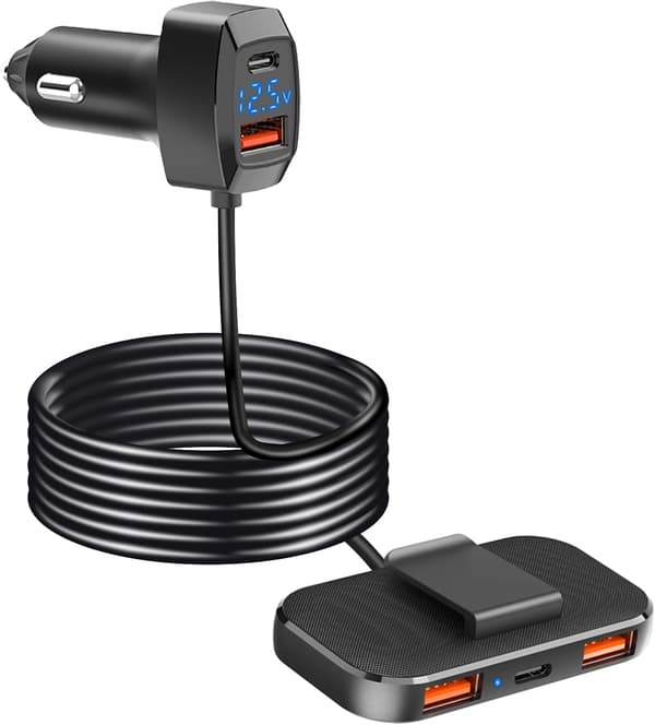 5 Multiporte Biloplader, 31W USB Biloplader Adapter med 1,5 m Ledning til Smartphone Tablets GPS