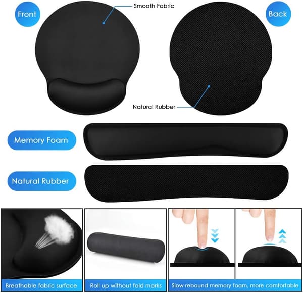 Musemåtte, Ergonomisk musemåtte + tastatur håndledsstøtte sæt til computer/laptop, skridsikker gummibase memory foam håndledsstøtte sæt