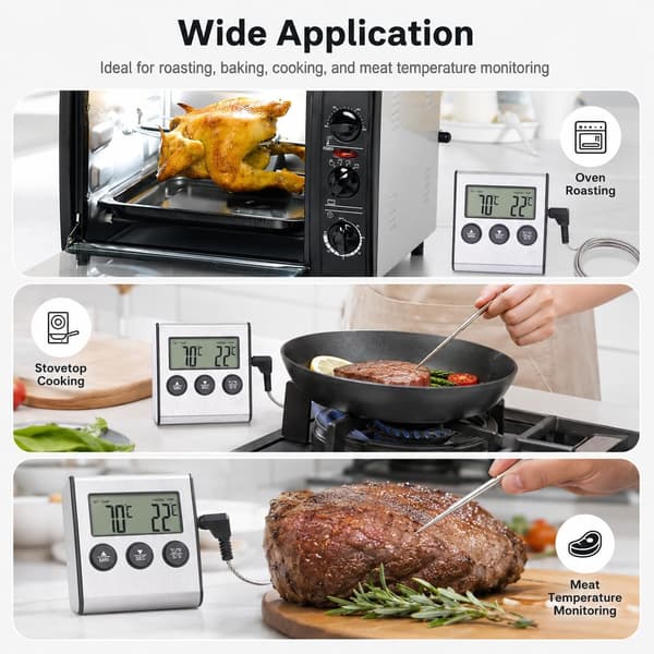 Digitalt kødtermometer med lang probe og timer-alarmfunktion, velegnet til temperaturmåling i grill og mere
