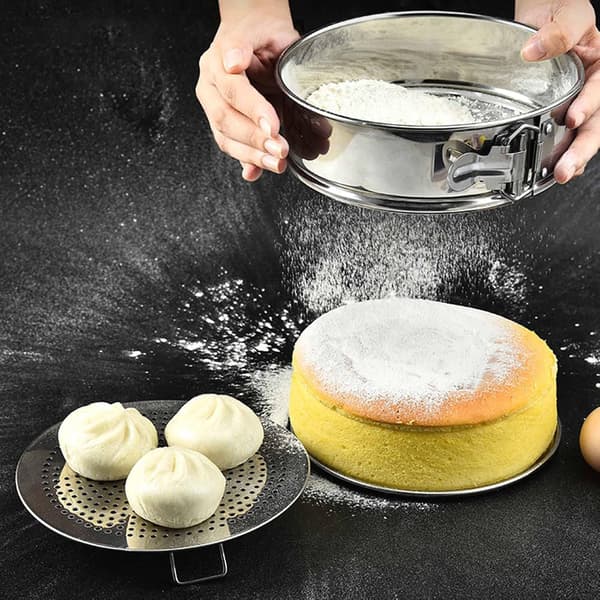 Køkken Mel Sifter Professionel Rund Si Rustfrit Stål Sukkerfilter Kage Bage Si, grå