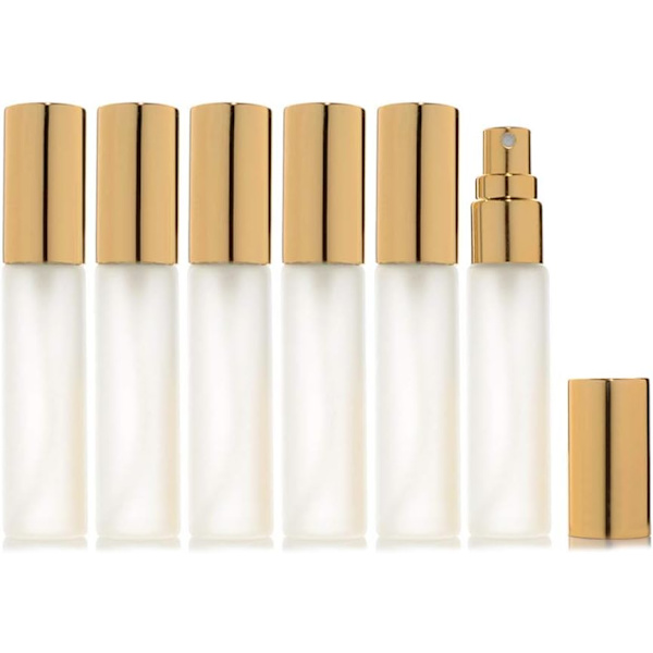 Sprayflaskor i frostat glas, 6-pack, 10 ml påfyllningsbara parfymsprayflaskor, guldfärgade, tomma flaskor för dispensering