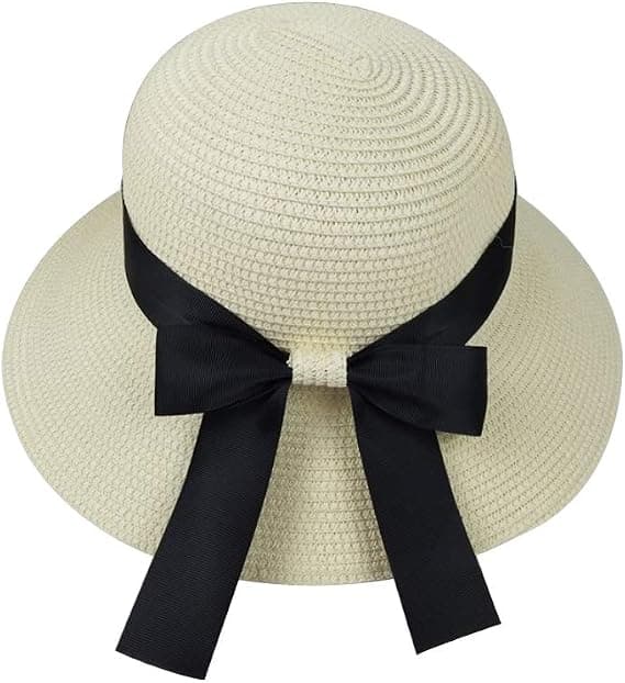 Dame Solhat Floppy Foldbar Sløjfe Stråhat Sommer Strandhat UV Beskyttelse UPF50 (Off-white)
