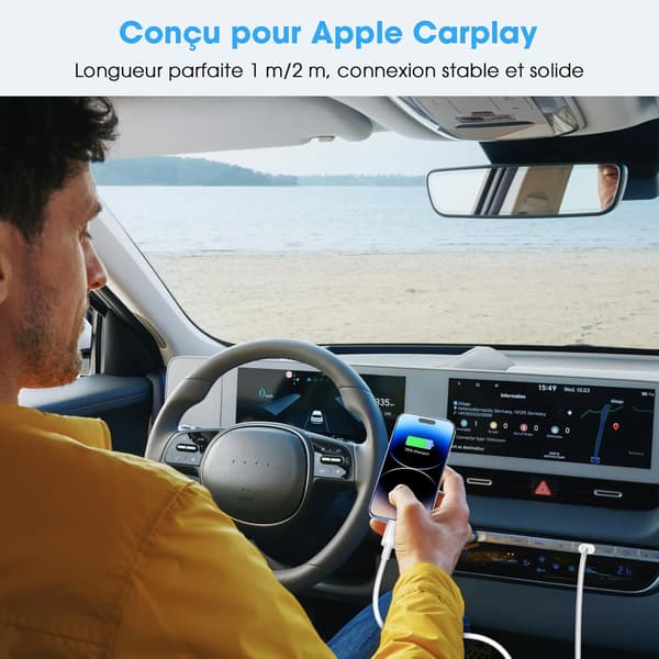 iPhone USB-C datakabel, 1 meter + 2 meter, hurtigladekabel, kompatibel med Apple iPhone 8-14-serien, hvit