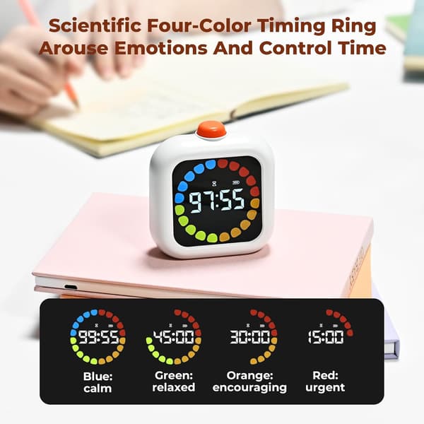 Visuell Timer, 99 Minutter Digital Oppladbar Timer med 3 Moduser, LCD Fargerik Skjerm Bakgrunnsbelysning Rotasjonstimer - Hvit