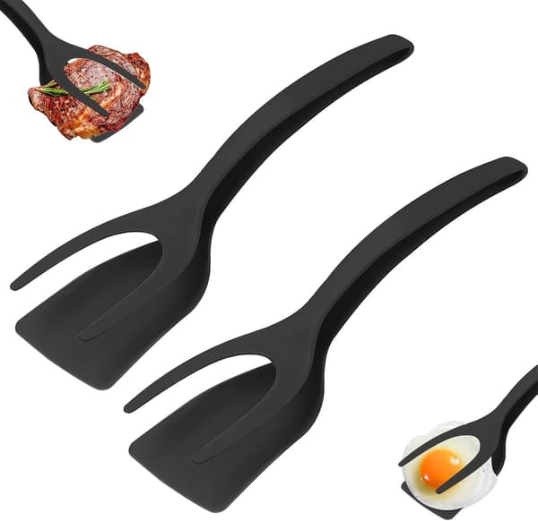 2 stk. Æg Spatel Vender, 2 i 1 Spatel Tang Æg Spatel, Grib og Vend Spatel Tang, Plast Spatel (Sort)
