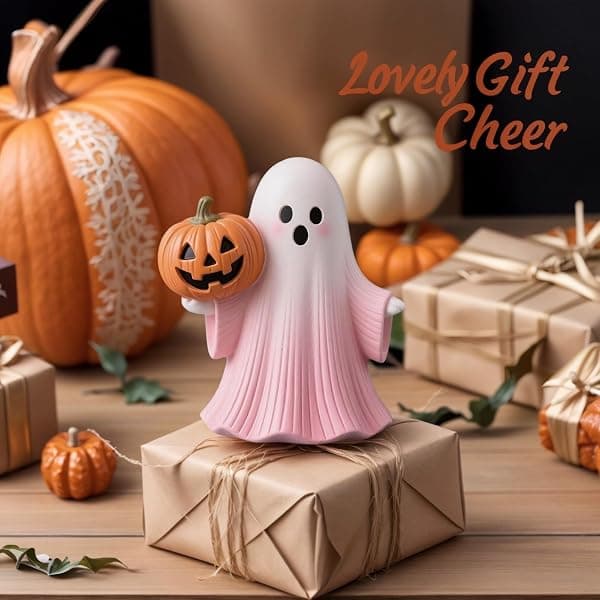 1 Halloween-dekorasjon, skummelt spøkelsespynt med gresskar, søt rosa spøkelsesstatuett (12 cm) (Stil C)