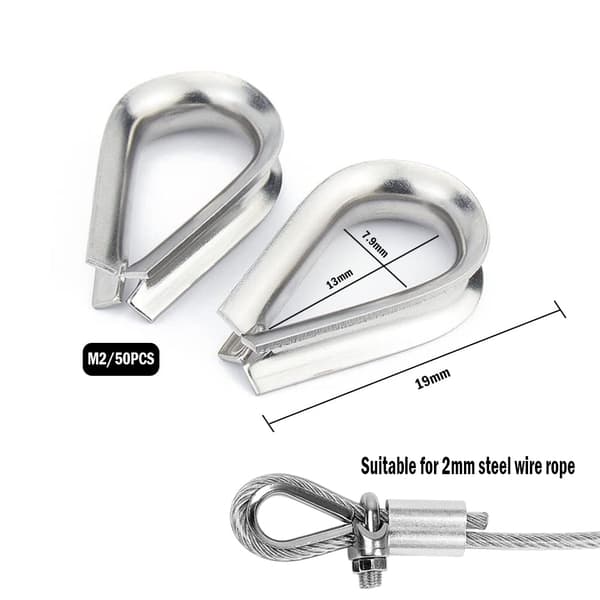 50 stk. M2 rustfrit stål 304 wire reb øjer, hjerteformede øjer til 2 mm wire reb