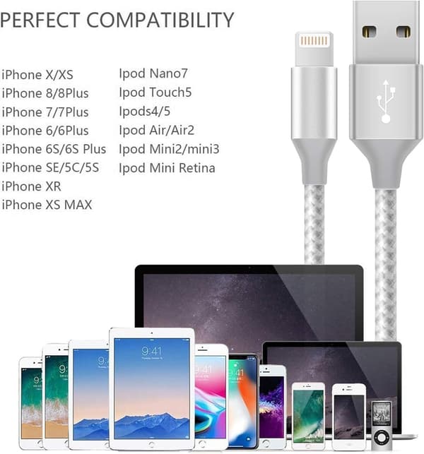 iPhone Ladekabel 3-pakning 3FT/1M Nylonflettet Hurtiglading & Synkronisering iPhone Ledning Hvit