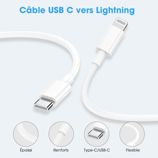 iPhone USB-C datakabel, 1 meter + 2 meter, hurtigladekabel, kompatibel med Apple iPhone 8-14-serien, hvit