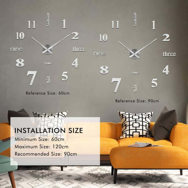 3D Väggklocka, DIY Digital Väggklocka, Tyst Urverk, Modern Design Väggklocka (60-120 cm), Silver