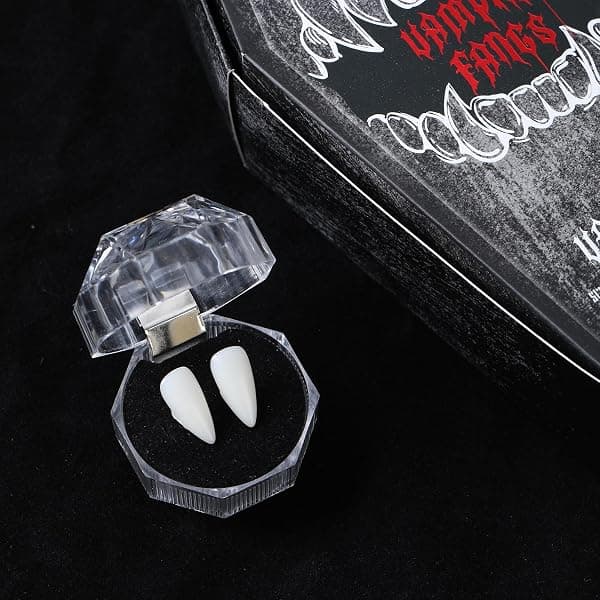 Vampyrtenner, 4 størrelser, solid limtube og kisteetui, for cosplay og Halloween