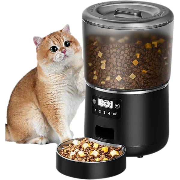 4L Automatisk Katte-/Hundefoderautomat, Hundefoderautomater, med Skål i Rustfrit Stål, Sort
