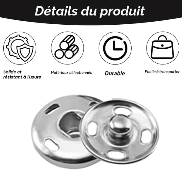 12 uppsättningar metalltryckknappar, 21 mm metalltryckknappar, lämpliga för DIY-kläder, handväskor, silver