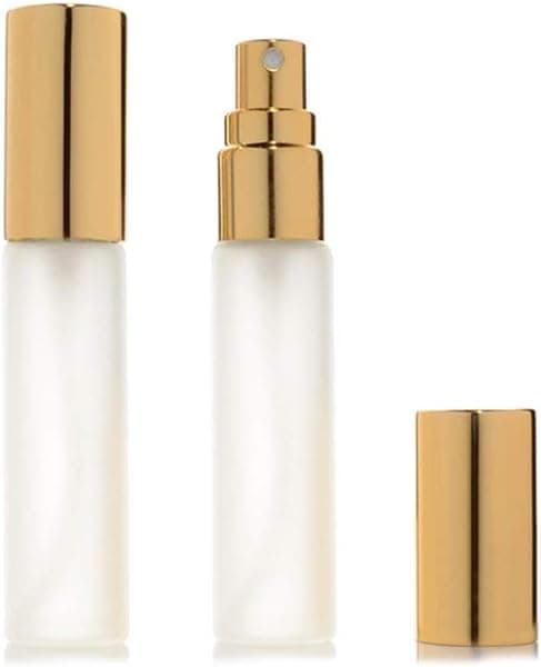 Sprayflaskor i frostat glas, 6-pack, 10 ml påfyllningsbara parfymsprayflaskor, guldfärgade, tomma flaskor för dispensering