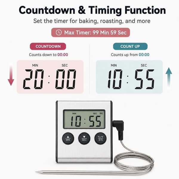 Digitalt kødtermometer med lang probe og timer-alarmfunktion, velegnet til temperaturmåling i grill og mere