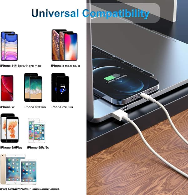 2-pak, 1-meter Apple opladerkabel, Apple Lightning til USB datakabel, kompatibel med iPhone 12/11/11 Pro/11 Max, osv.