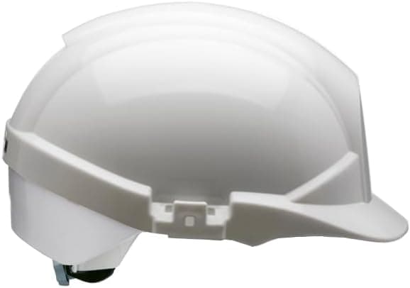 Hvit vernehjelm – Hard hatt med full brem og sølvfarget refleksstripe bak – Hvit