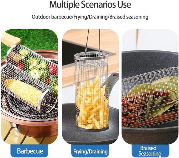 2 stk. rullende grillkurv for BBQ, rund rustfritt stål, bærbar utendørs campinggrill