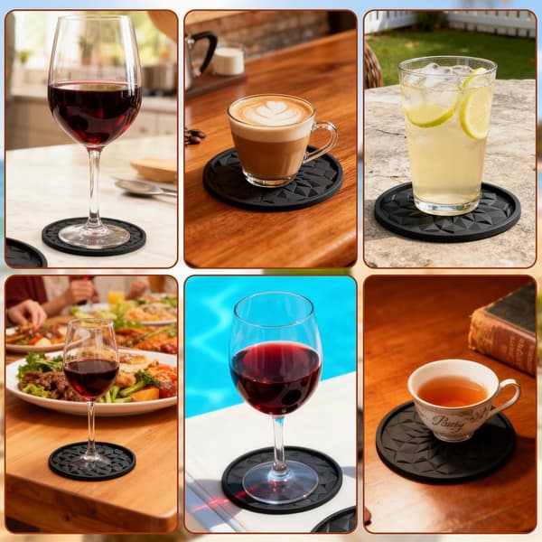 Et sæt med 6 runde silikoneunderlag med sort base, velegnet til glas, vandglas og drikkeglas, sort