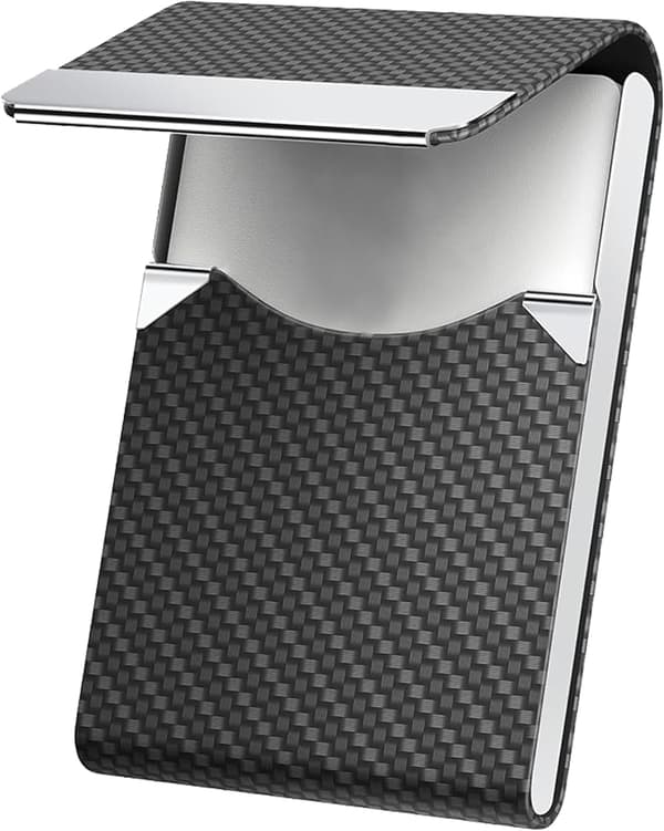 1 visitkortholder, rustfrit stål, PU-læder, unisex, magnetisk lukning, sort, vævet tekstur