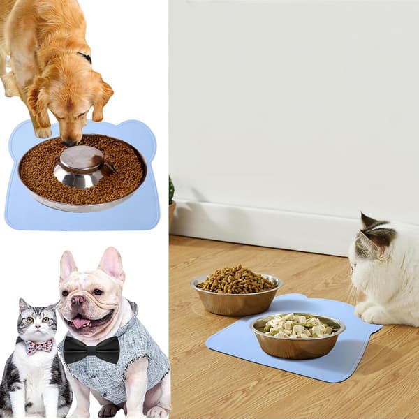 Kattefodermåtte, silikone hundefodermåtte - BPA-fri, nem at rengøre kæledyrsfodermåtte til små og mellemstore katte og hunde - skridsikker vandtæt skålmåtte (blå)
