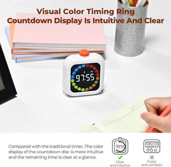 Visuel Timer, 99 Minutter Digital Genopladelig Timer med 3 Tilstande, LCD Farveskærm Baggrundslys Rotationstimer - Hvid