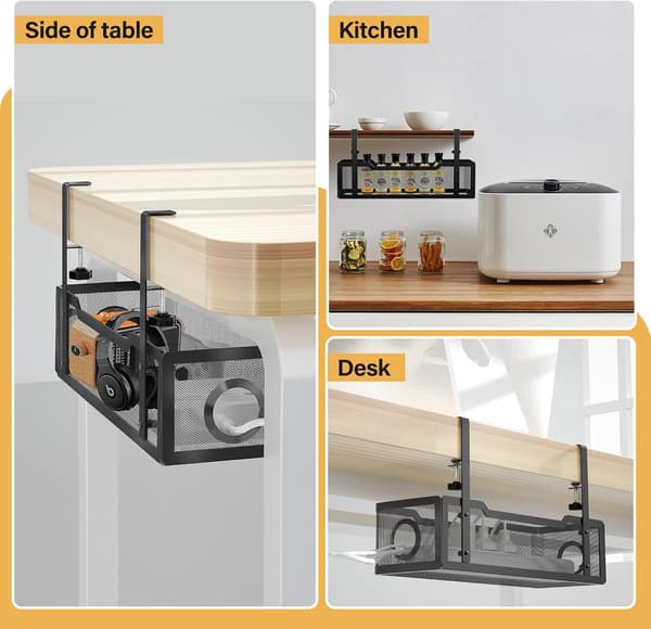 Kabelbakke til under skrivebord, sort, uden boring, klemme-montering, moderne, 34 cm