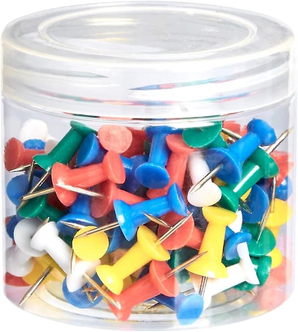 Standard kartnåler, runde plasthoder, stålspisser, pakke med 100, assorterte farger