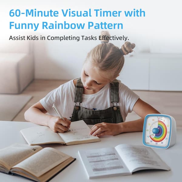 60-minutters visuell timer for barn, visuell nedtellingstimer klokke barnetimer, Pomodoro-timer med 'regnbue'-mønsterdesign