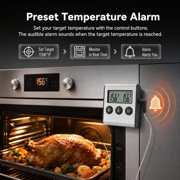 Digitalt kødtermometer med lang probe og timer-alarmfunktion, velegnet til temperaturmåling i grill og mere