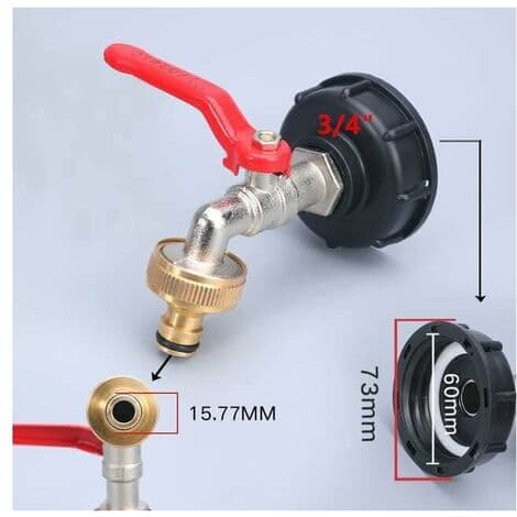 Regnvandsopsamlingsventil til 1000L IBC-tank, adapter til 1/2\" IBC-tank, messing PP-ventil, groft gevind 60 mm (3/4\")