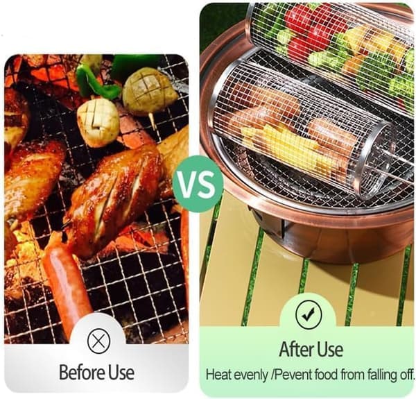 2 stk. rullende grillkurv for BBQ, rund rustfritt stål, bærbar utendørs campinggrill