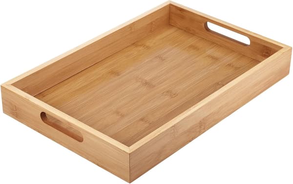 Bambusbakke, rektangulær madbakke, velegnet til servering af mad, middag og morgenmad; rustik stil, 35 x 22 x 4 cm