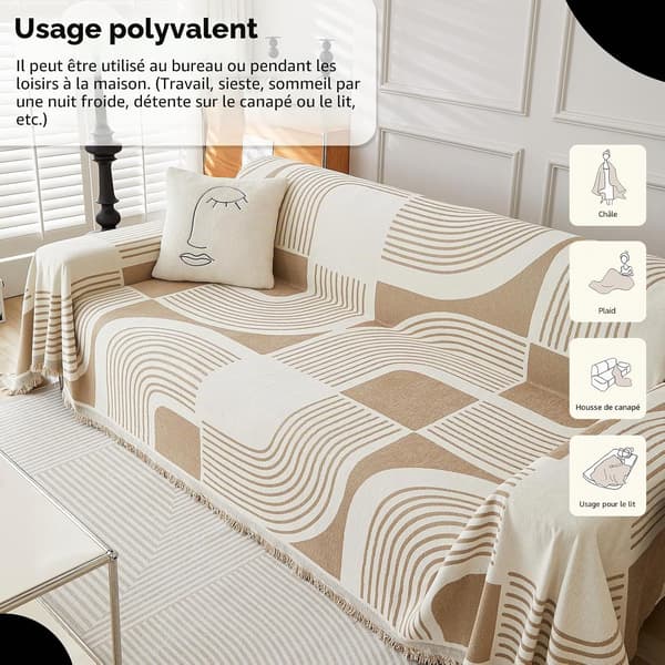 Boheme-stil chenille sofabetræk, sofaprotektor, vaskbart sofabetræk, hjørnesofa plaid, 180 x 260 cm, khaki 180*260cm