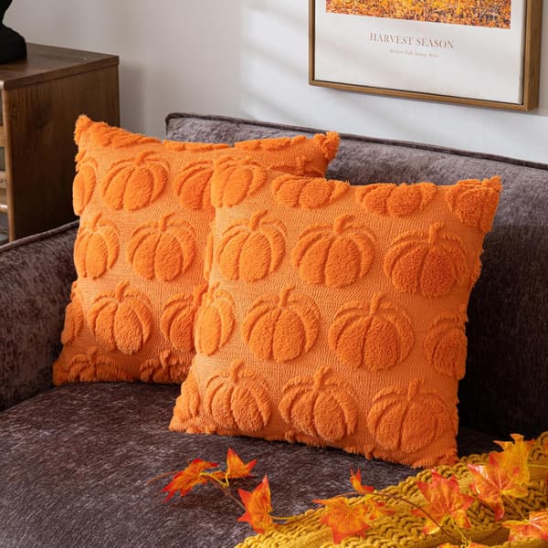 Græskar Efterår Dekorativt Pyntepudebetræk 45x45 cm, 2 stk. Orange Bløde Faux Pudebetræk til Efterårshøst, Fluffy Plys Accent Pudebetræk Orange