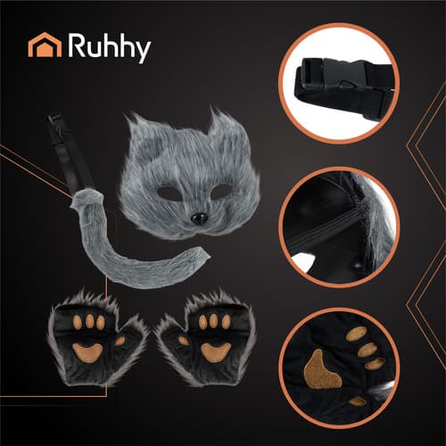 Katt/Rävkostymset – Mask, Svans, Tassar, Grå