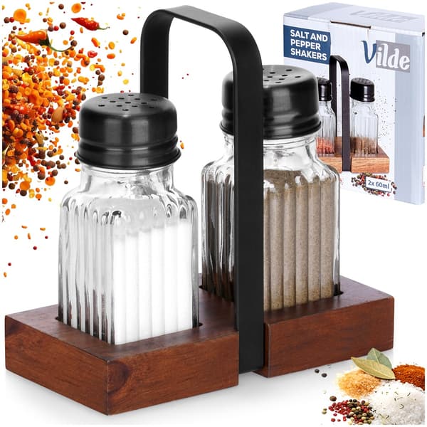 Salt och peppar shakers med stativ, 3-delad set