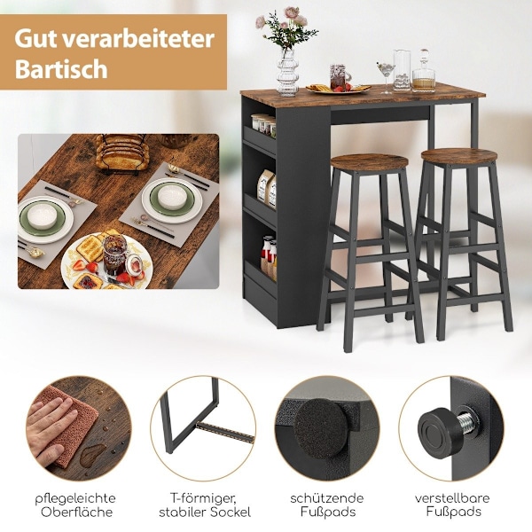 Köksbord med 2 pallar, platsbesparande bistrobord, bänkbord, matbordsset, barbord