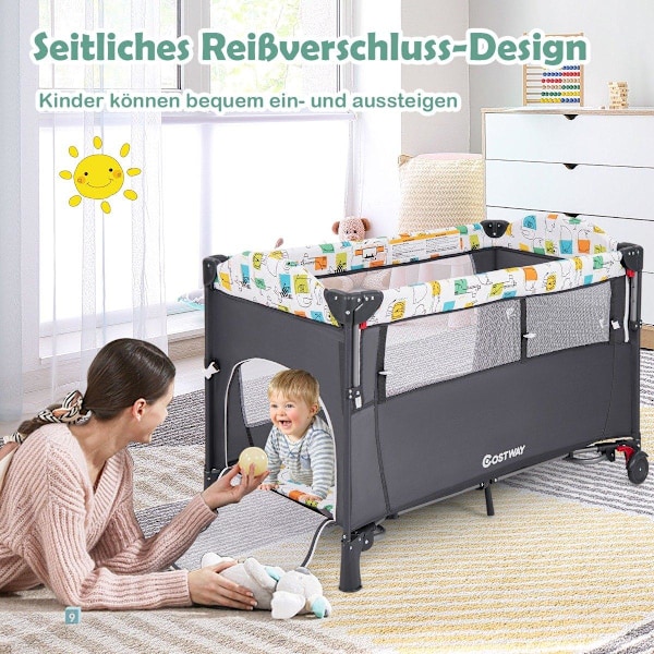 5-i-1 konvertibel babyseng med puslebord og opbevaringstaske Grå