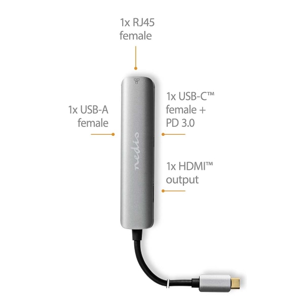 USB N Moniporttisovitin | USB 3.2 Gen 1 | USB-C™ Uros | HDMI™ Ulostulo / RJ45 Naaras / USB-A Naaras / USB-C™ Naaras | 5 Gbps | 0.20 m | Pyöreä | Kulla