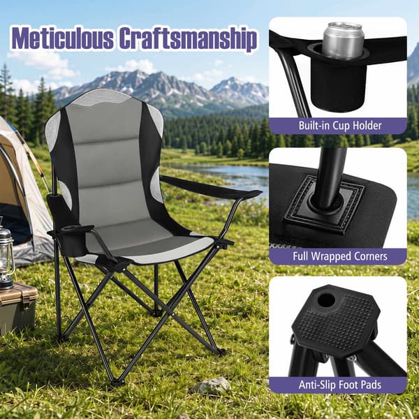 Hopfällbara campingstolar med mugghållare, svarta – 2-pack
