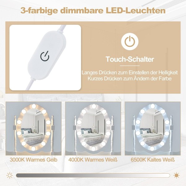 Pukeutumispöytä LED-valolla, kirkkaussäädettävä peilipöytä 4 laatikolla valkoinen