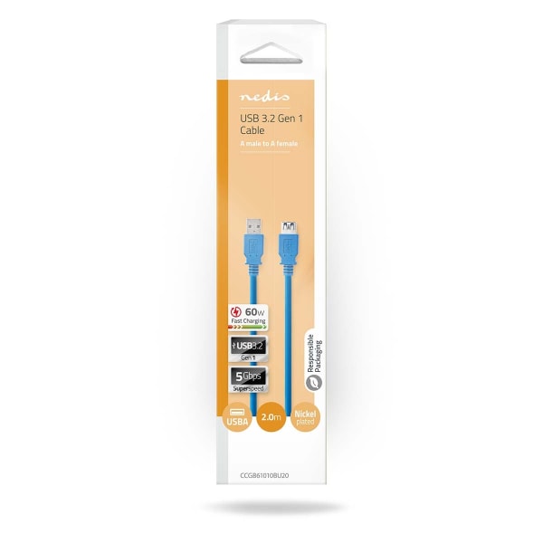 USB-kabel | USB 3.2 Gen 1 | USB-A Han | USB-A Hun | 5 Gbps | Nikkelplateret | 2.00 m | Runde | PVC | Blå | Box