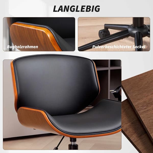 Mid-Century Modern kontorstol i kunstlæder, ergonomisk, sort