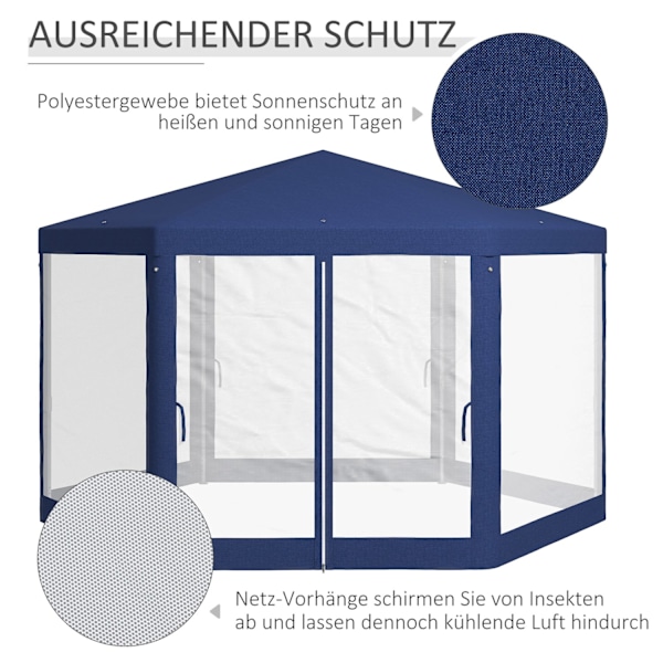 Gazebo 4x3m sekskantet vandafvisende stabil vintertæt pavillon med myggenet Partytelt Havetelt med 6 sidepaneler Havepavillon til campinghave Blå